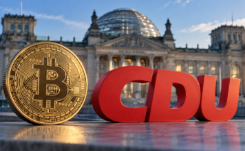 Goldene Bitcoin-Münze neben einem roten CDU-Logo vor dem Reichstagsgebäude in Berlin.