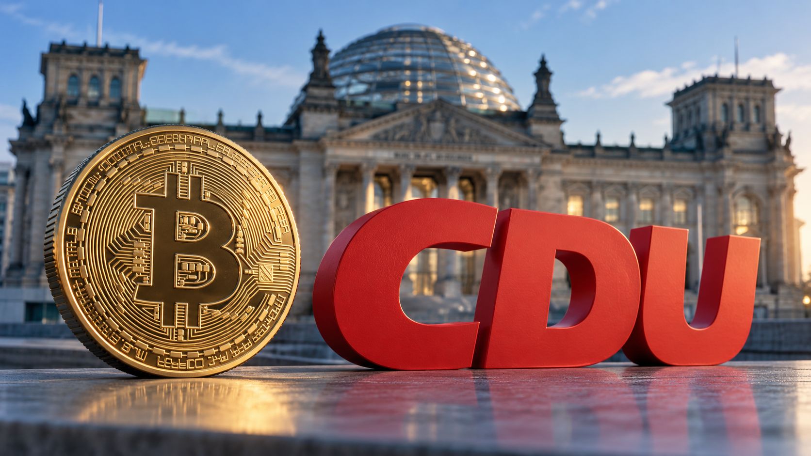 Goldene Bitcoin-Münze neben einem roten CDU-Logo vor dem Reichstagsgebäude in Berlin.