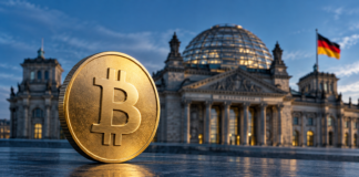 Goldene Bitcoin-Münze vor dem Berliner Reichstagsgebäude als Symbol für die Debatte um die Krypto-Haltefrist.