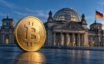 Goldene Bitcoin-Münze vor dem Berliner Reichstagsgebäude als Symbol für die Debatte um die Krypto-Haltefrist.