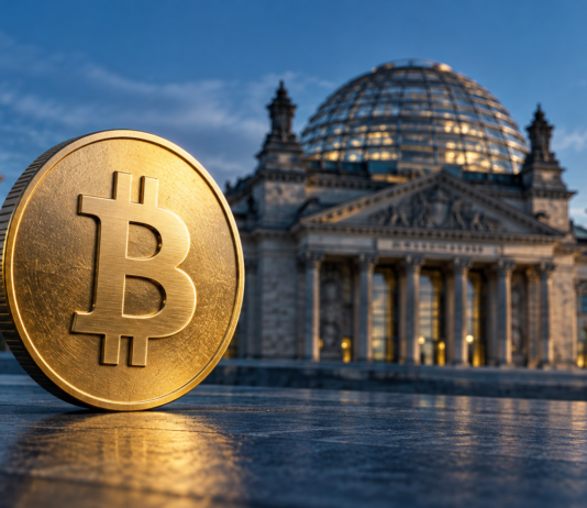 Goldene Bitcoin-Münze vor dem Berliner Reichstagsgebäude als Symbol für die Debatte um die Krypto-Haltefrist.