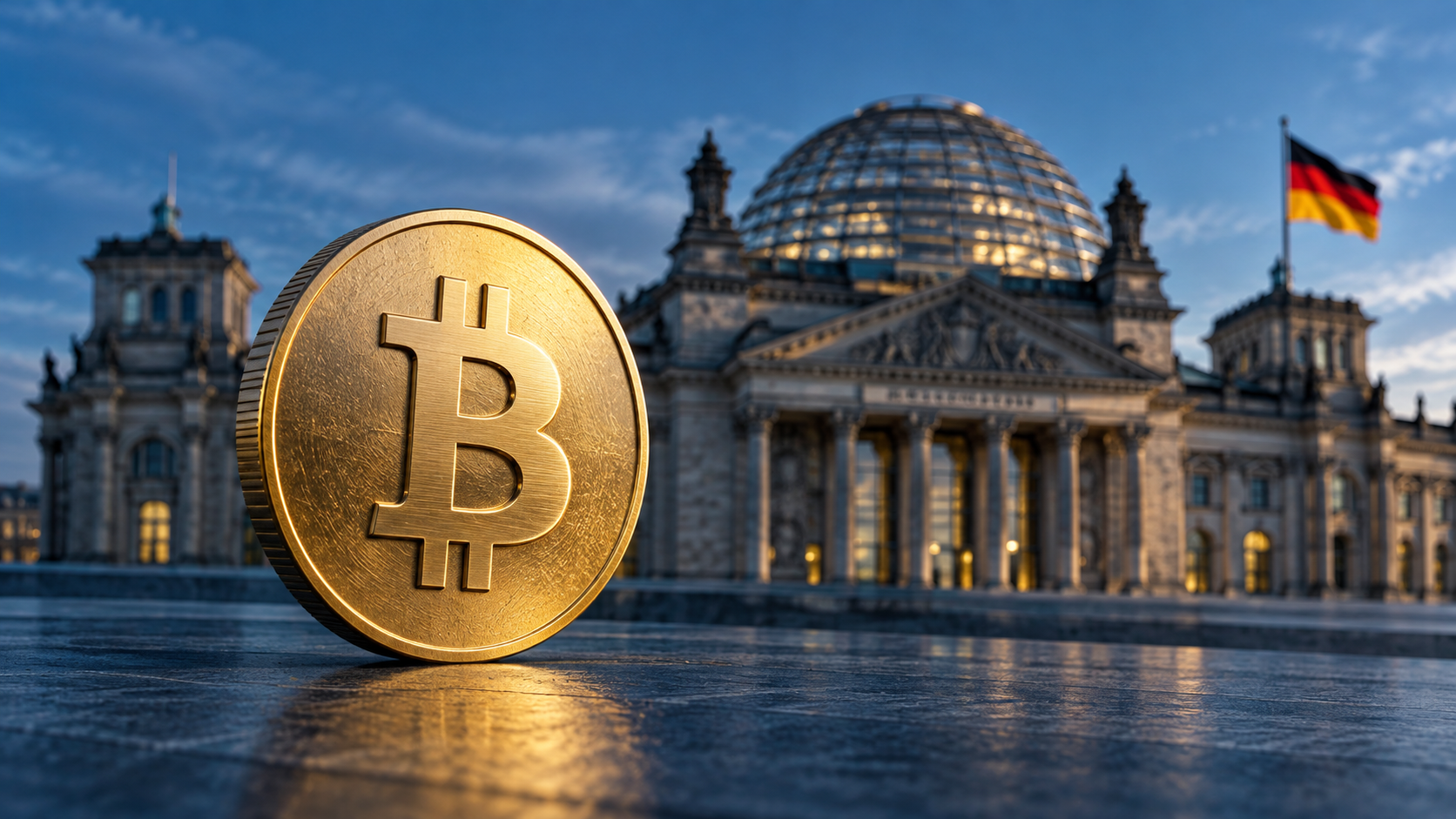 Goldene Bitcoin-Münze vor dem Berliner Reichstagsgebäude als Symbol für die Debatte um die Krypto-Haltefrist.