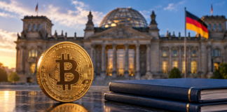 Goldene Bitcoin-Münze neben blauen Aktenmappen vor dem Reichstagsgebäude mit deutscher Flagge.