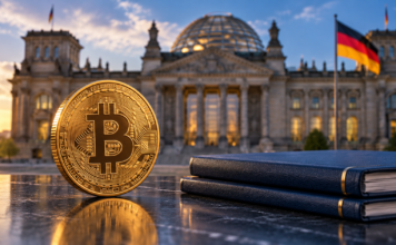 Goldene Bitcoin-Münze neben blauen Aktenmappen vor dem Reichstagsgebäude mit deutscher Flagge.