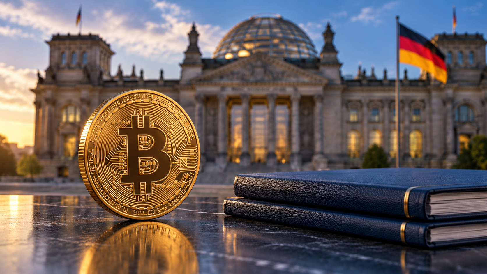 Goldene Bitcoin-Münze neben blauen Aktenmappen vor dem Reichstagsgebäude mit deutscher Flagge.