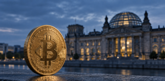 Goldene Bitcoin-Münze vor dem Berliner Reichstagsgebäude in abendlichem Licht.