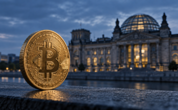 Goldene Bitcoin-Münze vor dem Berliner Reichstagsgebäude in abendlichem Licht.