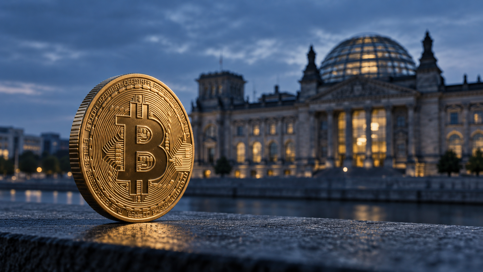 Goldene Bitcoin-Münze vor dem Berliner Reichstagsgebäude in abendlichem Licht.