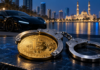 Bitcoin-Münze in Handschellen vor einem Luxussportwagen und der Skyline von Sharjah als Symbol für Krypto-Kriminalität.