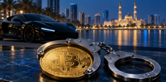 Krypto-Razzia in den Emiraten: Polizei stellt über 54 Millionen Dollar sicher Bitcoin-Münze in Handschellen vor einem Luxussportwagen und der Skyline von Sharjah als Symbol für Krypto-Kriminalität.