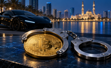 Krypto-Razzia in den Emiraten: Polizei stellt über 54 Millionen Dollar sicher Bitcoin-Münze in Handschellen vor einem Luxussportwagen und der Skyline von Sharjah als Symbol für Krypto-Kriminalität.