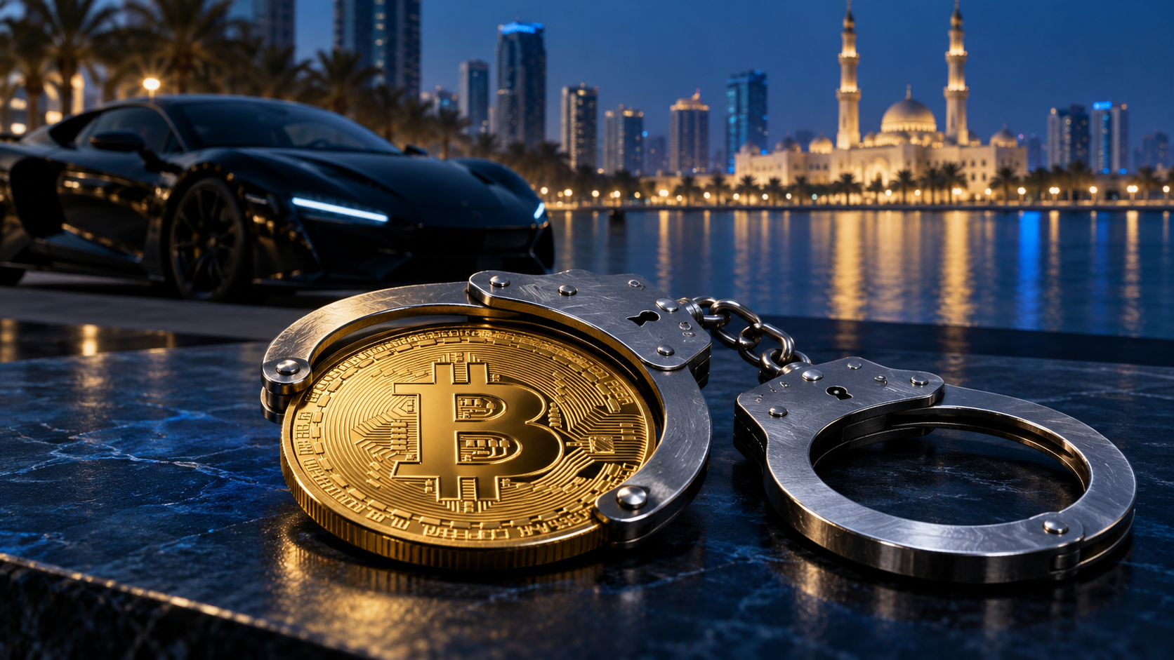 Bitcoin-Münze in Handschellen vor einem Luxussportwagen und der Skyline von Sharjah als Symbol für Krypto-Kriminalität.