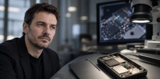 Porträt von Ledger-CTO Charles Guillemet in einem Labor neben einem geöffneten Hardware-Wallet mit sichtbaren elektronischen Bauteilen und Prüfwerkzeugen.