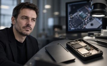 Ledger-Skandal: CTO bricht sein Schweigen und enthüllt neue Details zum Millionen-Hack Porträt von Ledger-CTO Charles Guillemet in einem Labor neben einem geöffneten Hardware-Wallet mit sichtbaren elektronischen Bauteilen und Prüfwerkzeugen.