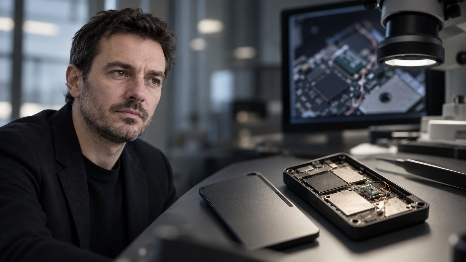 Porträt von Ledger-CTO Charles Guillemet in einem Labor neben einem geöffneten Hardware-Wallet mit sichtbaren elektronischen Bauteilen und Prüfwerkzeugen.