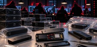 Ledger enthüllt Hintergründe des 100-Millionen-Hacks: So gingen die Täter vor Manipulierte Ledger-Hardware-Wallets mit Spionagekomponenten und symbolisch dargestelltem Hackernetzwerk im Hintergrund