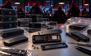 Ledger enthüllt Hintergründe des 100-Millionen-Hacks: So gingen die Täter vor Manipulierte Ledger-Hardware-Wallets mit Spionagekomponenten und symbolisch dargestelltem Hackernetzwerk im Hintergrund