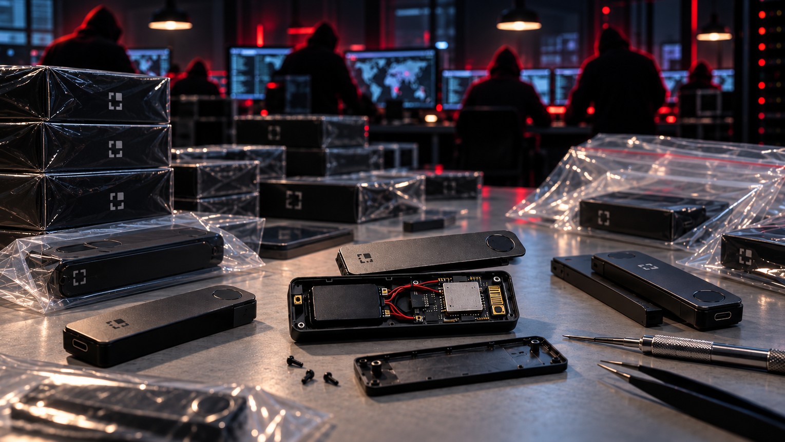Manipulierte Ledger-Hardware-Wallets mit Spionagekomponenten und symbolisch dargestelltem Hackernetzwerk im Hintergrund