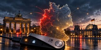 Offizielles Ledger-Update für Deutschland: Sind deine Bitcoin und Krypto weiterhin sicher? Ledger-Update für Deutschland: Hardware-Wallet mit Ledger-Logo vor leuchtender Deutschlandkarte – Sicherheit von Bitcoin im Fokus