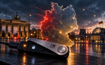Offizielles Ledger-Update für Deutschland: Sind deine Bitcoin und Krypto weiterhin sicher? Ledger-Update für Deutschland: Hardware-Wallet mit Ledger-Logo vor leuchtender Deutschlandkarte – Sicherheit von Bitcoin im Fokus