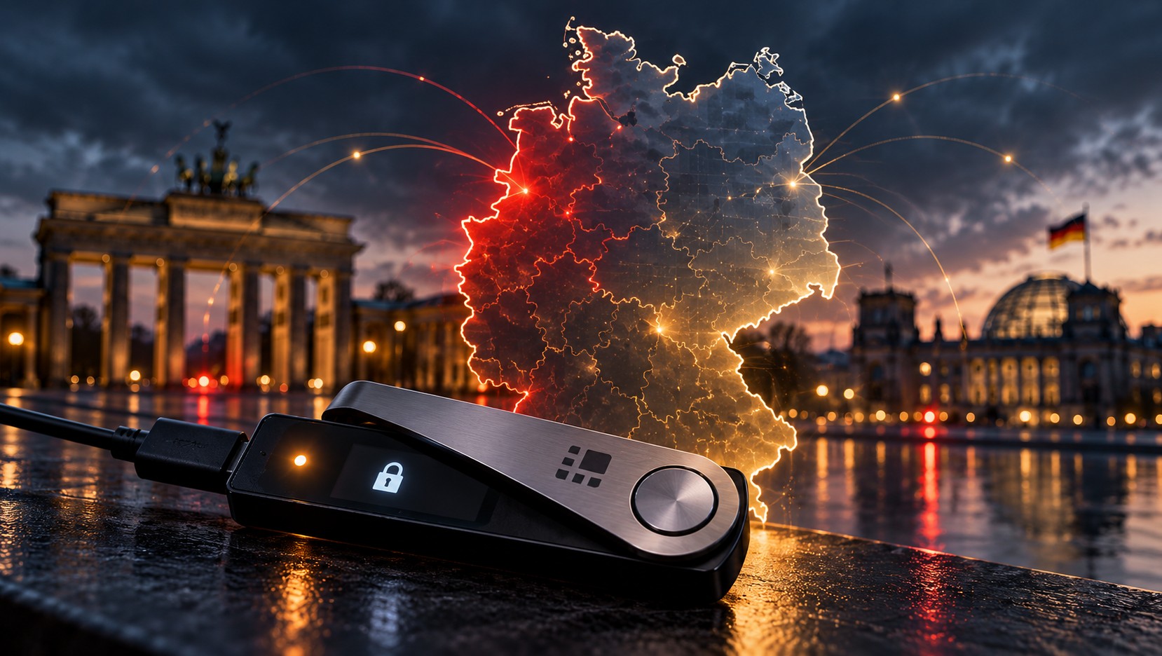 Ledger-Update für Deutschland: Hardware-Wallet mit Ledger-Logo vor leuchtender Deutschlandkarte – Sicherheit von Bitcoin im Fokus