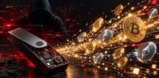Illustration eines möglichen Ledger-Hacks: Manipulierte Hardware-Wallet mit Hacker im Hintergrund, während große Mengen Bitcoin und Ethereum digital gestohlen werden.