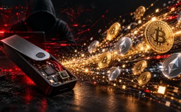 Illustration eines möglichen Ledger-Hacks: Manipulierte Hardware-Wallet mit Hacker im Hintergrund, während große Mengen Bitcoin und Ethereum digital gestohlen werden.