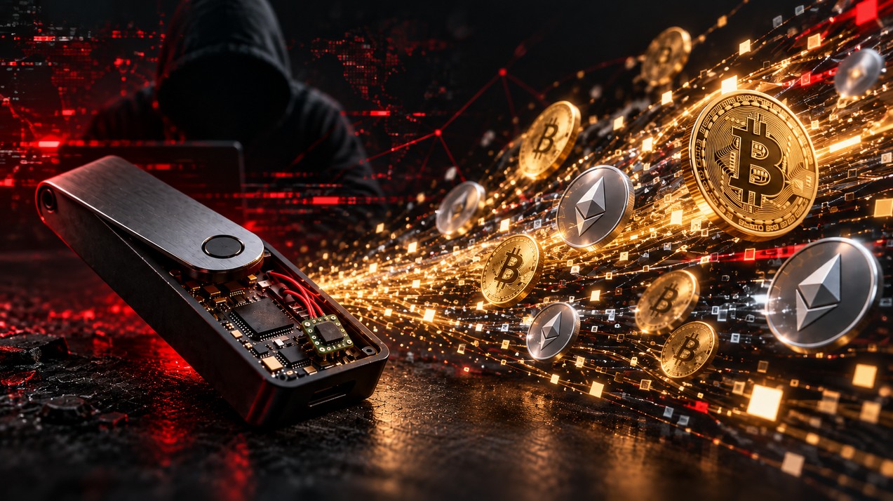 Illustration eines möglichen Ledger-Hacks: Manipulierte Hardware-Wallet mit Hacker im Hintergrund, während große Mengen Bitcoin und Ethereum digital gestohlen werden.