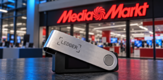 Ledger-Hardware-Wallet vor einer MediaMarkt-Filiale mit rotem Unternehmenslogo.
