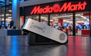 Ledger-Hardware-Wallet vor einer MediaMarkt-Filiale mit rotem Unternehmenslogo.