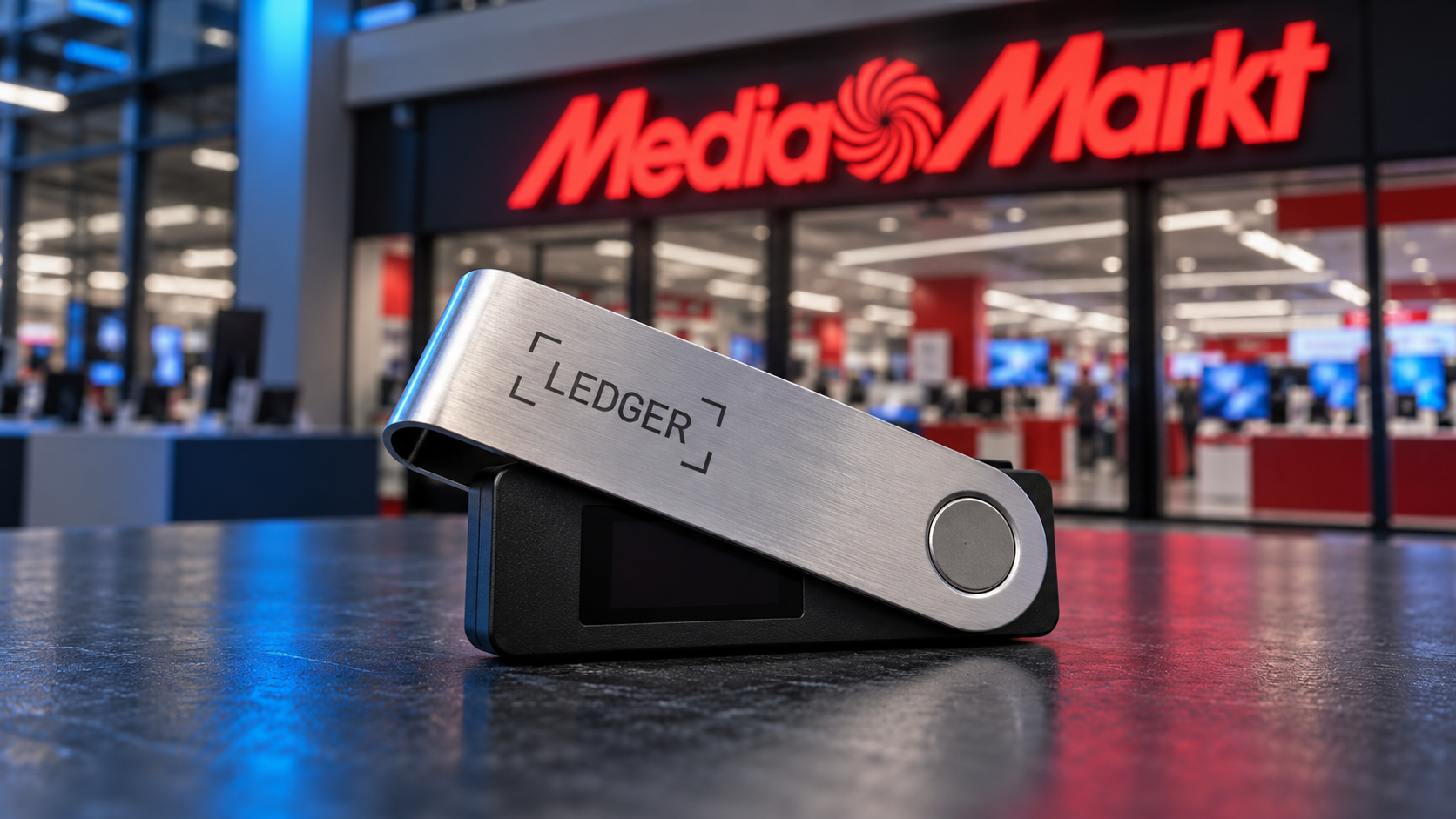 Ledger-Hardware-Wallet vor einer MediaMarkt-Filiale mit rotem Unternehmenslogo.