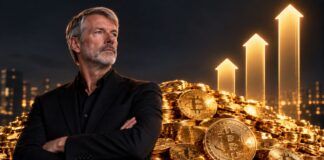 Michael Saylor vor einem großen Haufen Bitcoin-Münzen mit drei aufsteigenden Pfeilen als Symbol für eine mögliche Verdreifachung des Bitcoin-Kurses.