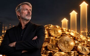 Michael Saylor vor einem großen Haufen Bitcoin-Münzen mit drei aufsteigenden Pfeilen als Symbol für eine mögliche Verdreifachung des Bitcoin-Kurses.