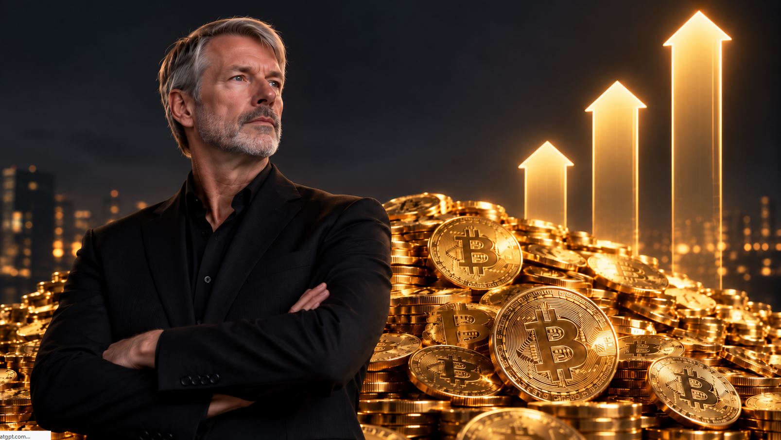 Michael Saylor vor einem großen Haufen Bitcoin-Münzen mit drei aufsteigenden Pfeilen als Symbol für eine mögliche Verdreifachung des Bitcoin-Kurses.