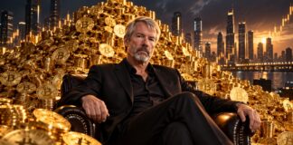 Michael Saylor sitzt vor einem riesigen Haufen goldener Bitcoin-Münzen, während im Hintergrund eine beleuchtete Skyline und steigende Kurscharts zu sehen sind.