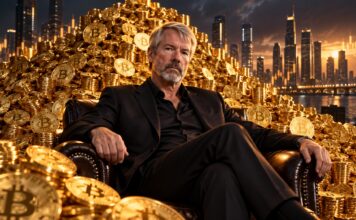 Michael Saylor sitzt vor einem riesigen Haufen goldener Bitcoin-Münzen, während im Hintergrund eine beleuchtete Skyline und steigende Kurscharts zu sehen sind.