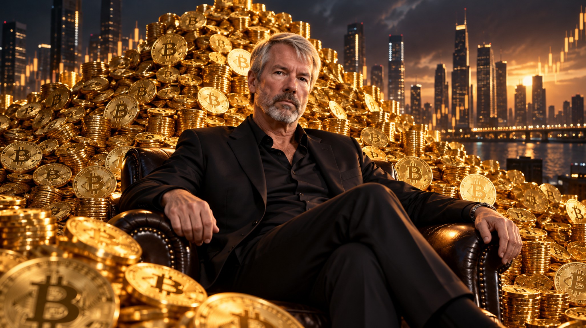 Michael Saylor sitzt vor einem riesigen Haufen goldener Bitcoin-Münzen, während im Hintergrund eine beleuchtete Skyline und steigende Kurscharts zu sehen sind.