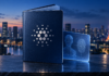 Symbolischer digitaler Pass mit Cardano-Logo und Identitätskarte vor der Skyline von Tokio.