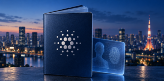 Symbolischer digitaler Pass mit Cardano-Logo und Identitätskarte vor der Skyline von Tokio.
