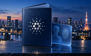Symbolischer digitaler Pass mit Cardano-Logo und Identitätskarte vor der Skyline von Tokio.