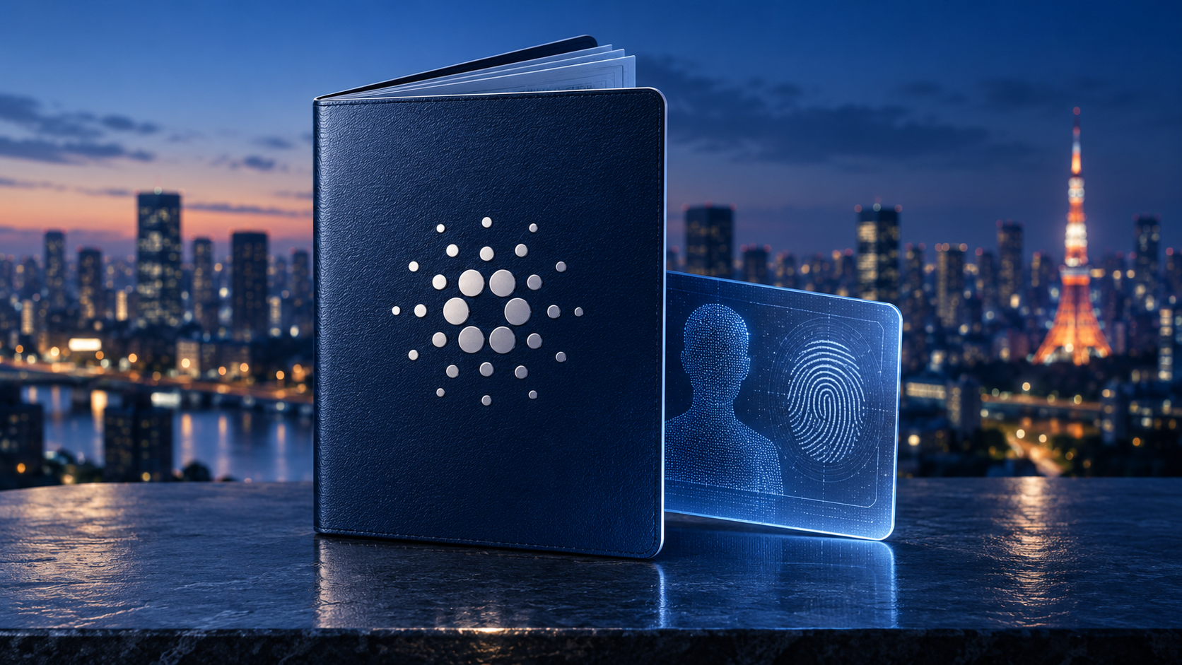 Symbolischer digitaler Pass mit Cardano-Logo und Identitätskarte vor der Skyline von Tokio.