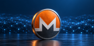 Monero-Emblem vor einem blauen Netzwerk aus leuchtenden Verbindungspunkten.