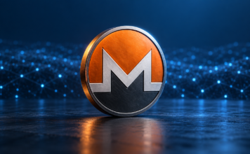 Monero-Emblem vor einem blauen Netzwerk aus leuchtenden Verbindungspunkten.