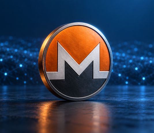 Monero-Emblem vor einem blauen Netzwerk aus leuchtenden Verbindungspunkten.