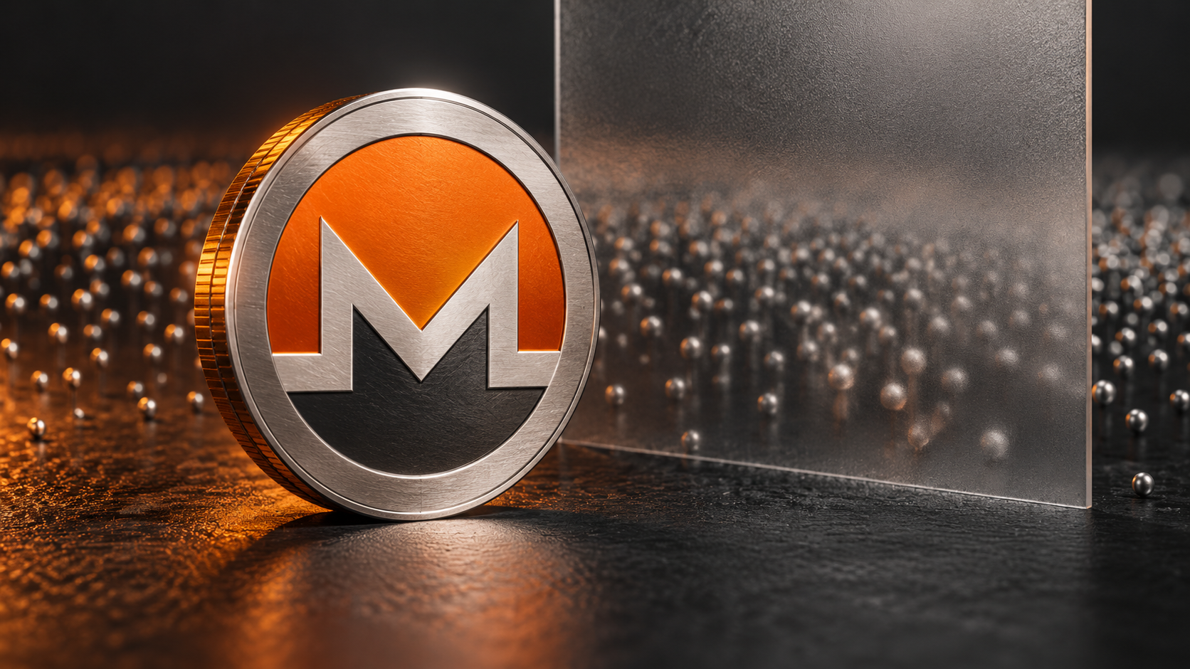 Silberne Monero-Münze vor einer Milchglasscheibe und zahlreichen kleinen Metallkugeln auf dunklem Hintergrund.