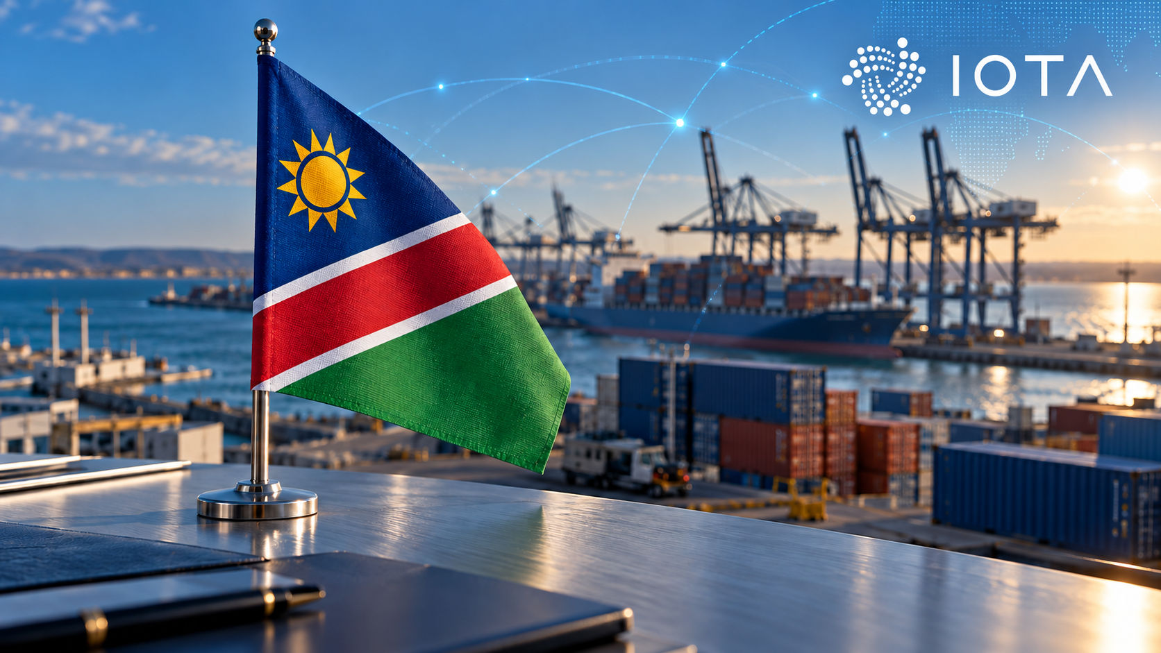 Namibische Flagge vor einem Containerhafen mit digitalen Verbindungslinien und IOTA-Logo.
