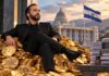 Nayib Bukele sitzt auf einem Berg aus goldenen Bitcoin-Münzen vor der Flagge El Salvadors und demonstriert symbolisch seinen Widerstand gegen die IWF-Auflagen.