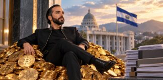 El Salvador erreicht Bitcoin-Allzeithoch von 7.809 BTC und trotzt IWF-Auflagen Nayib Bukele sitzt auf einem Berg aus goldenen Bitcoin-Münzen vor der Flagge El Salvadors und demonstriert symbolisch seinen Widerstand gegen die IWF-Auflagen.