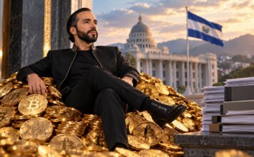 El Salvador erreicht Bitcoin-Allzeithoch von 7.809 BTC und trotzt IWF-Auflagen Nayib Bukele sitzt auf einem Berg aus goldenen Bitcoin-Münzen vor der Flagge El Salvadors und demonstriert symbolisch seinen Widerstand gegen die IWF-Auflagen.