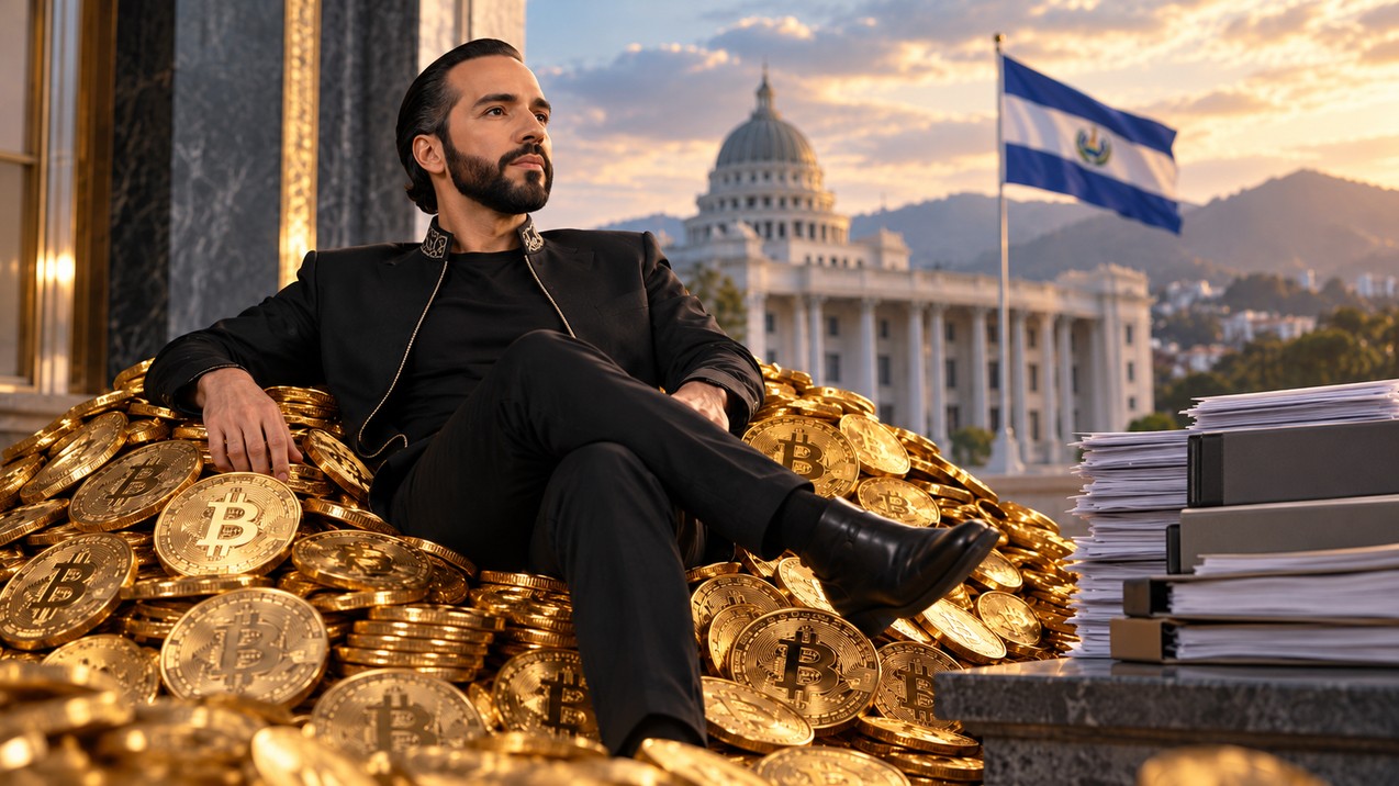 Nayib Bukele sitzt auf einem Berg aus goldenen Bitcoin-Münzen vor der Flagge El Salvadors und demonstriert symbolisch seinen Widerstand gegen die IWF-Auflagen.